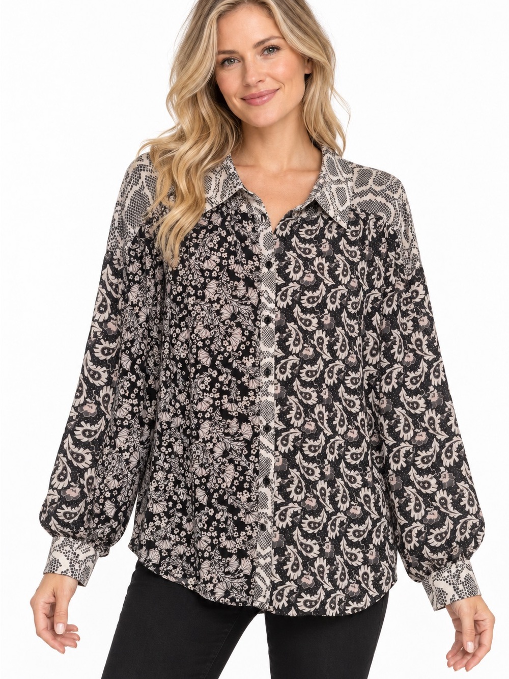 Free People Black and Cream Mixed Print Button-Down Shirt